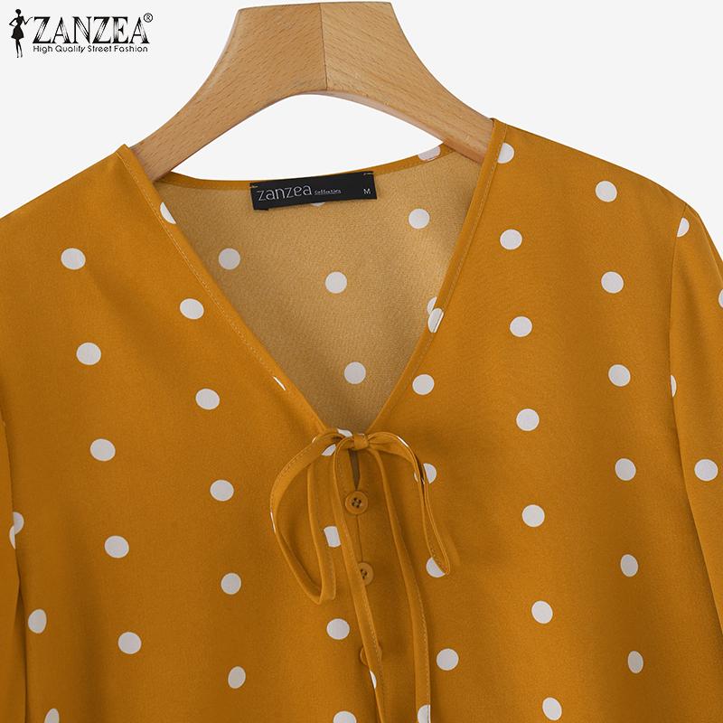 ZANZEA Женские летние рубашки с V-образным вырезом и рукавом 3/4 в горошек