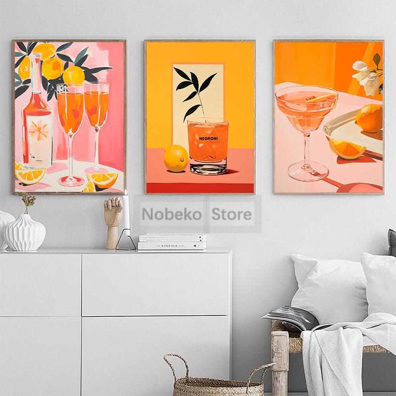 Винтажный коктейль 70-х годов Плакат Negroni Aperol Spritz Печать на холсте Картина Girly Pink Wall Art Pictures Home Room Bar Cart Decor