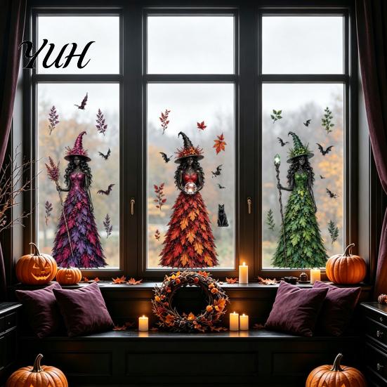 Party Atmosphere Supplies Halloween Witch/Ghost Window Clings, Removable Static Glass Stickers, Waterproof PVC Decals, Spooky Home Decor Decorative
