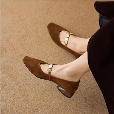 Литературные и ретро туфли Мэри Джейн на цепочке с золотой монетой с квадратным носком, женские 2025, новые весенне-летние, удобные и универсальные, на толстом низком каблуке s