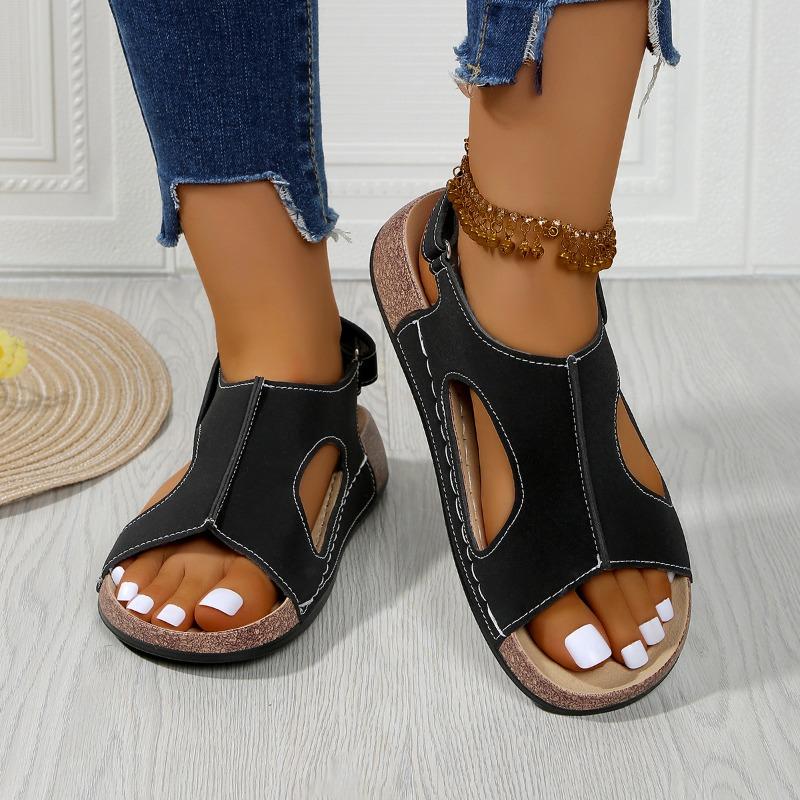 Large Size Velcro Platform Sandals Women's Sewing Line Breathable Hollow Wedge Heel Beach Sandals