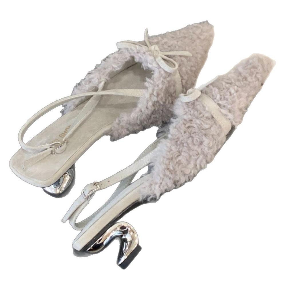 2025 French-style Fluffy High-heeled Slippers Women's Autumn and Winter Wear with Skirts, Gentle Fairy Shoes, Velvet Cotton Bag Head Half