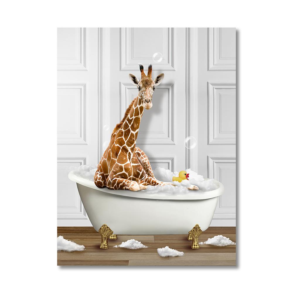 Забавные животные Настенное искусство Постеры Принты Купающийся жираф Пингвин Слон Зебра Холст Живопись Картина для Ванной Комнаты Комнаты Домашний Декор