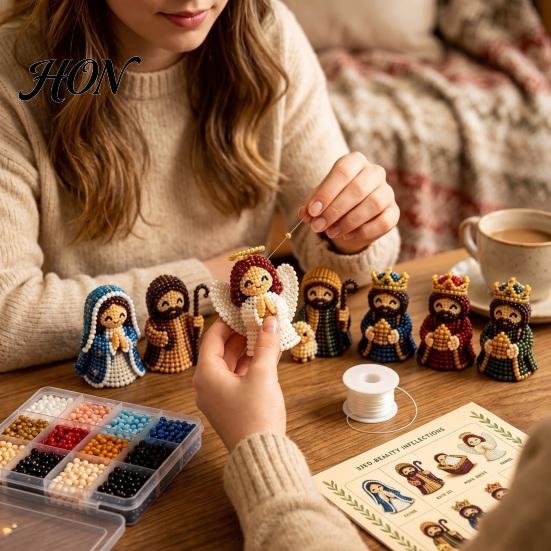 Desktop Christmas Scene Display 3D Nativity Bead Craft Kit for Decoration, DIY Beaded Holiday Crafts Kids Figurine Set Adults Family, Home Ornament