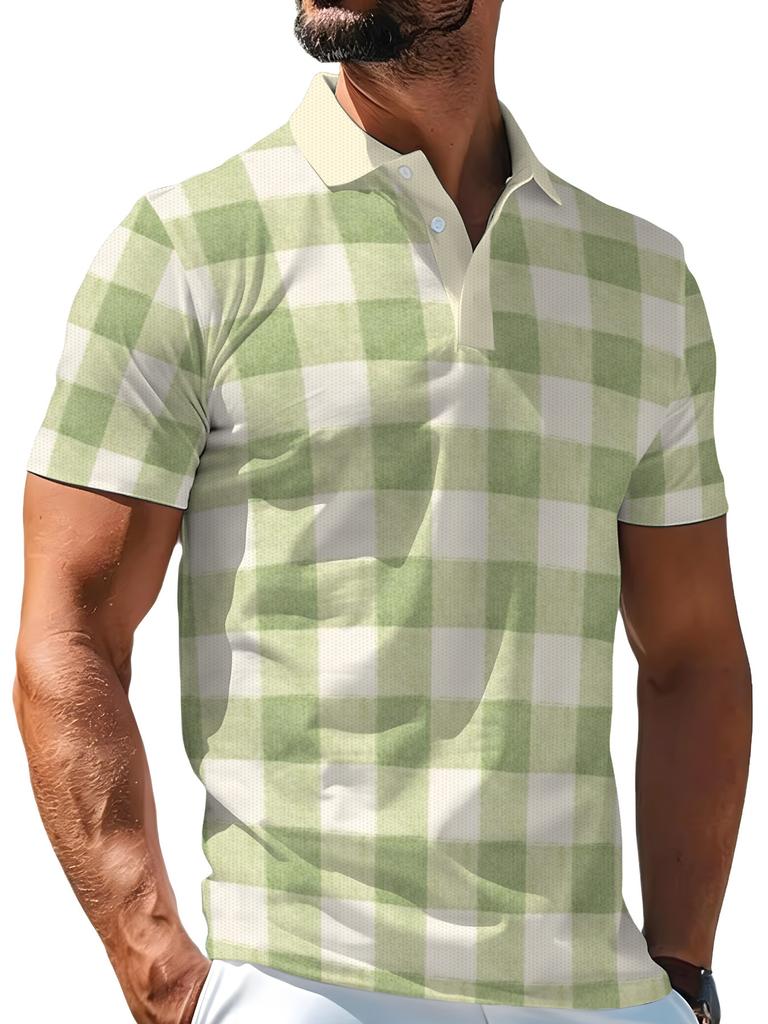 Men'S Outdoor Polo Shirt, Multi-Sizes Available, Green And White Checkered Print, Fashionable Casual Comfortable Top for Hiking And Leisure, Versatile