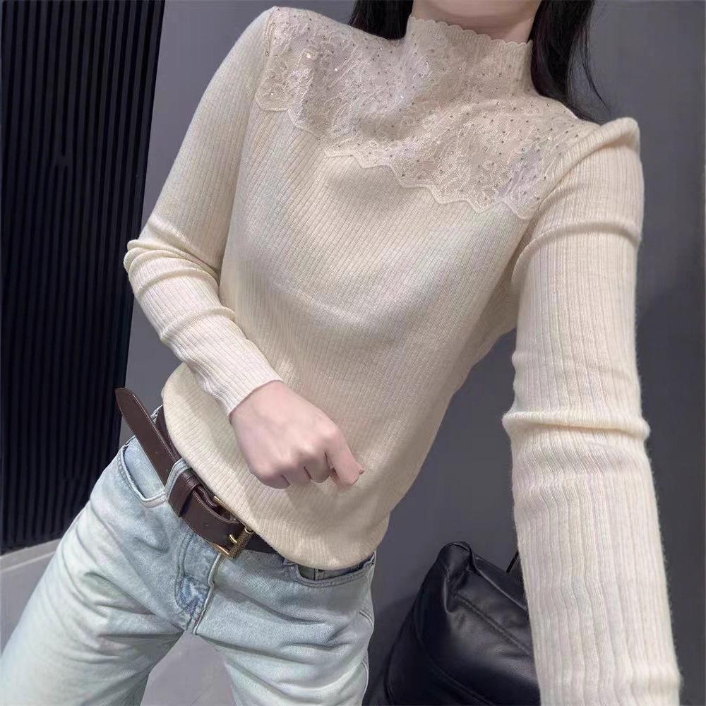 Half Turtleneck Lace Knitted Sweater for Women Slim Sweater and Sexy Pullover for Spring Autumn and Winter