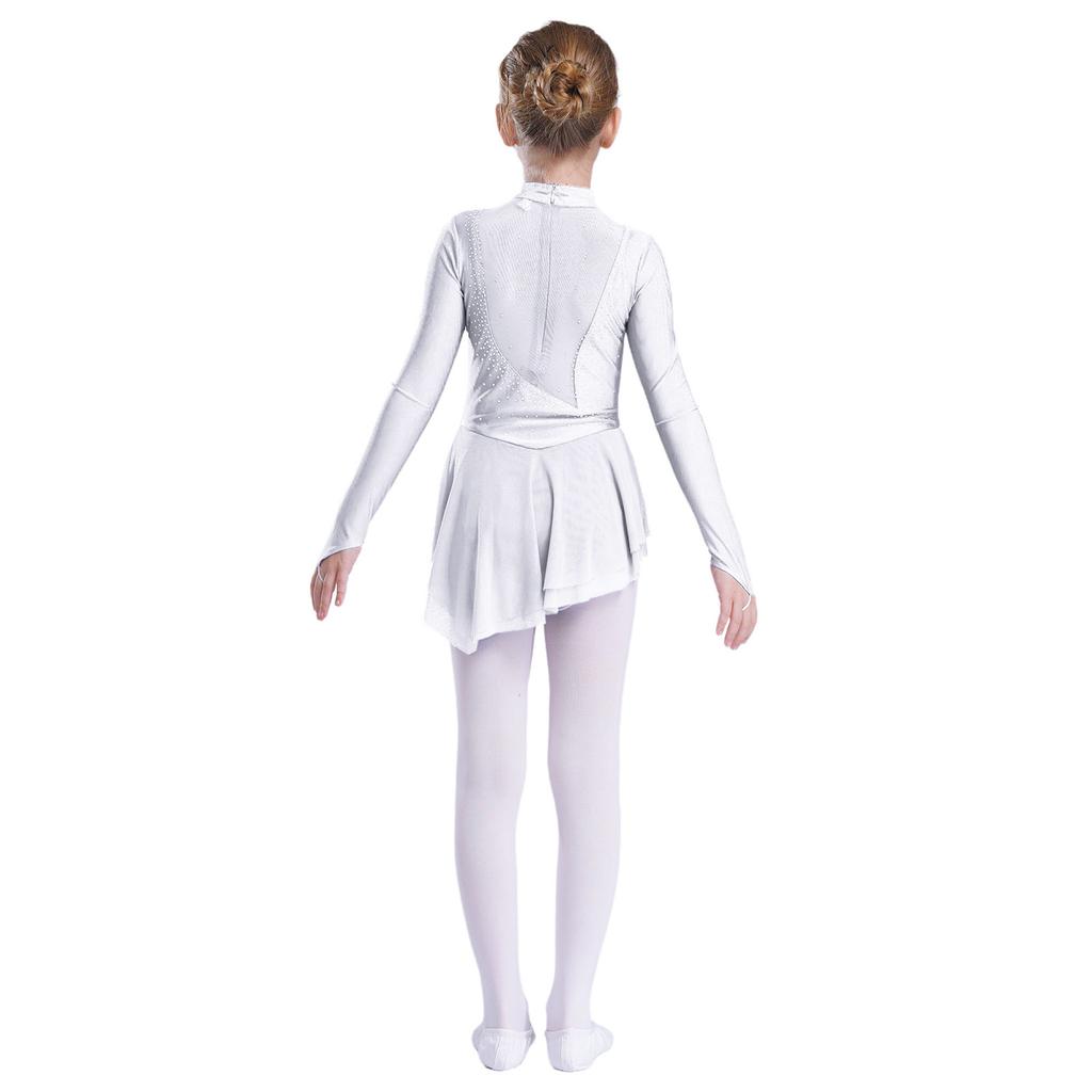 Girls Figure Skating Dress Sheer Mesh Patchwork Glittery Rhinestones Long Sleeve