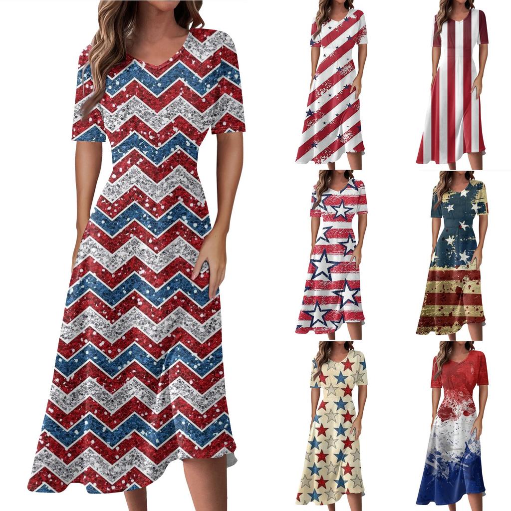 Ladies Casual Fashion Print V-Neck Short Sleeve Waist Long Swing Dress