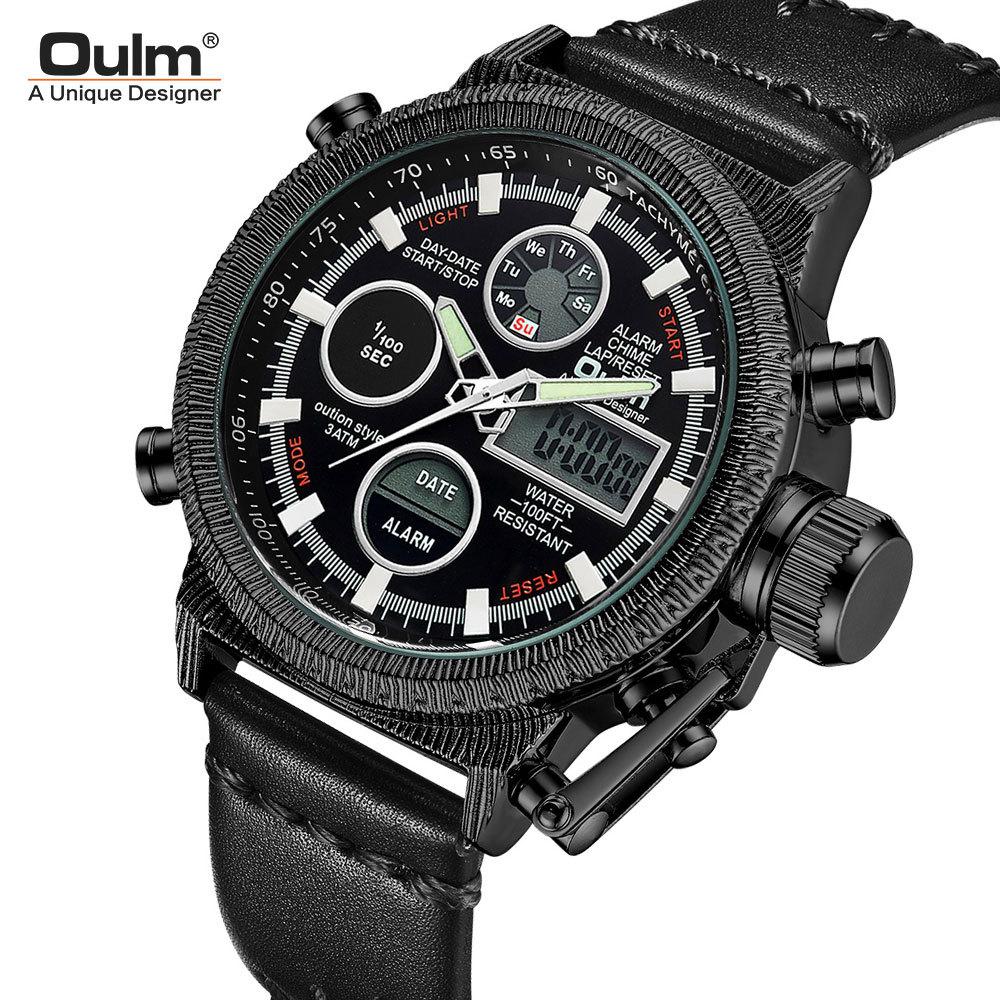 Oulm Многофункциональные электронные мужские часы для отдыха, модные кварцевые мужские часы из натуральной кожи с подсветкой