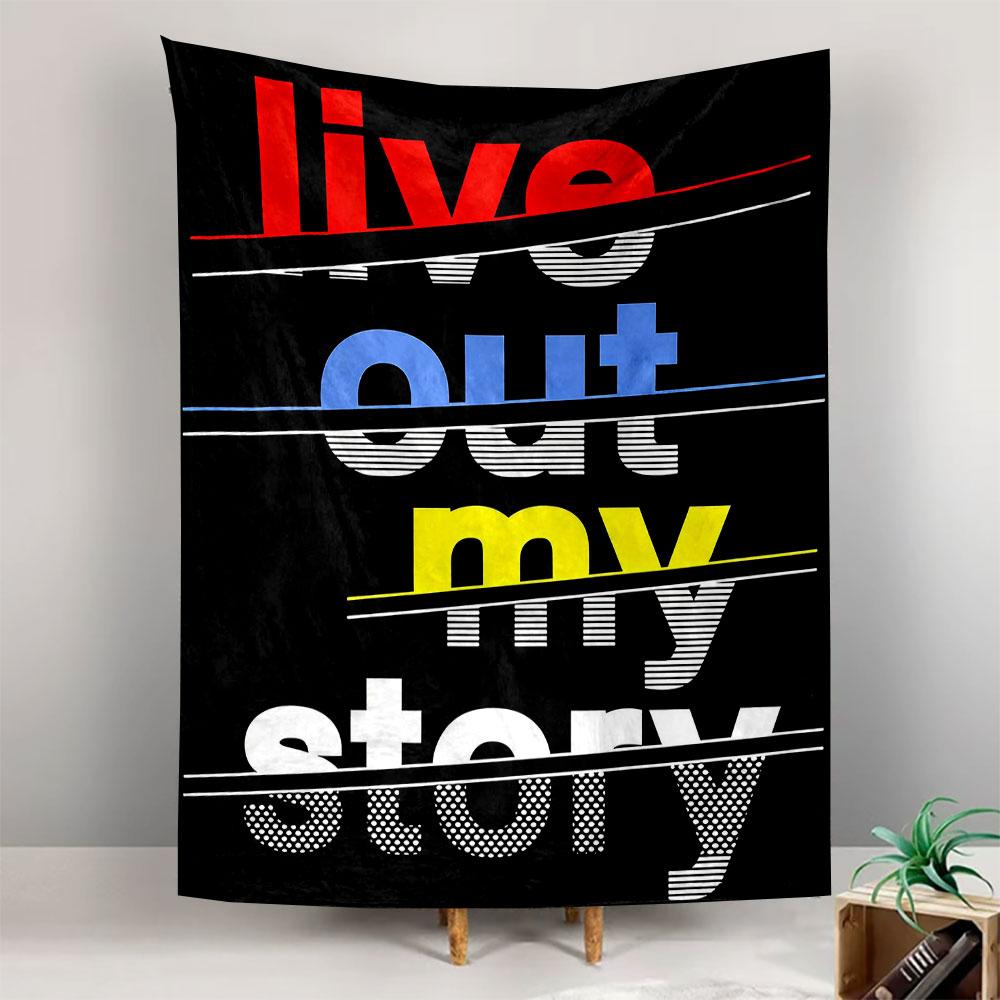 Tapestry Wall Hanging Bold Typography Live Out My Story Colorful Red Blue Yellow Letters Black Background Modern Wall Art Decor for Dorm