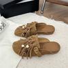 Fashion New Summer Slippers Cow Suede Slippers for Women Fashion Tassel Decoration Mules Round Toe Low Heels Cover Toe Slippers Sandals