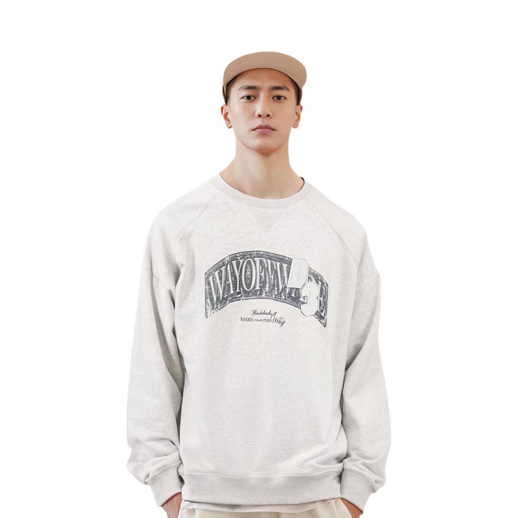 Li Ning Wade Series Letter Print Washed Loose Casual Cryp Neck Sweatshirt Men Sweatshirt Flower-Gray Tile-Gray AWDU003-6