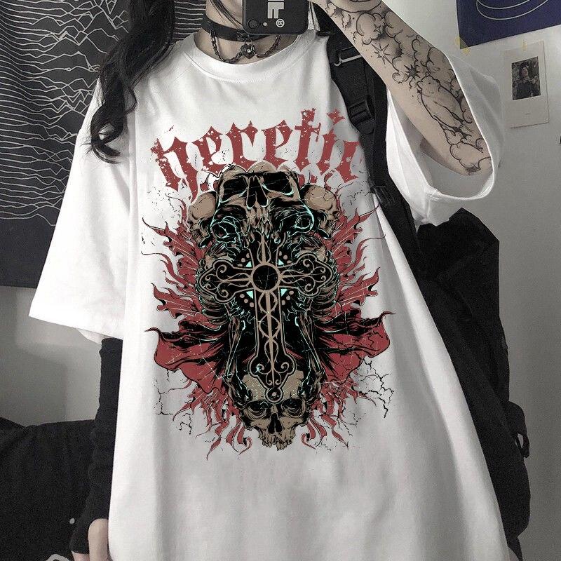 Summer Goth Female Horror Skull Loose Men and WomenT-shirt Punk Dark Grunge Streetwear Gothic Top T-shirts Harajuku Y2k Clothes