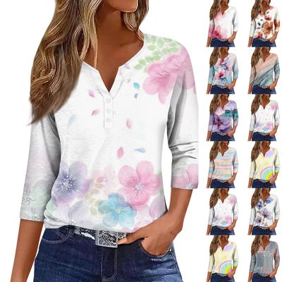 Женская модная повседневная футболка с коротким рукавом и V-образным вырезом, декоративными пуговицами и рукавом три четверти