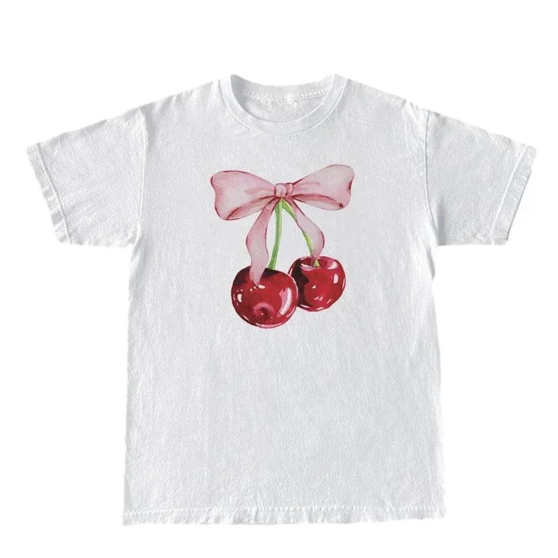 Cherry Bow Printed Women's Vintage T-Shirt Trendy Cute Coquette Tee Shirt Short Sleeve Cottagecore Aesthetic Tops Female Clothes