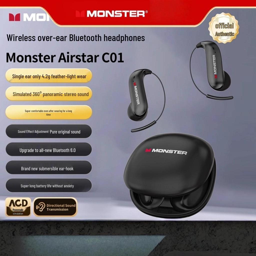 Беспроводные Bluetooth-наушники Monster C01 с открытым ухом и костной проводимостью, ультралегкие, не ощущаемые на ушах, накладные