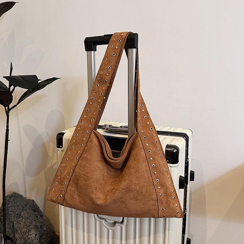 Ретро Замшевые Сумки через Плечо с Заклепками, Рабочие Сумки из ПУ Кожи, Большая Сумка-Тоут, Мешковатая Сумка-Локомотив для Женщин, для Путешествий, Зима, Осень