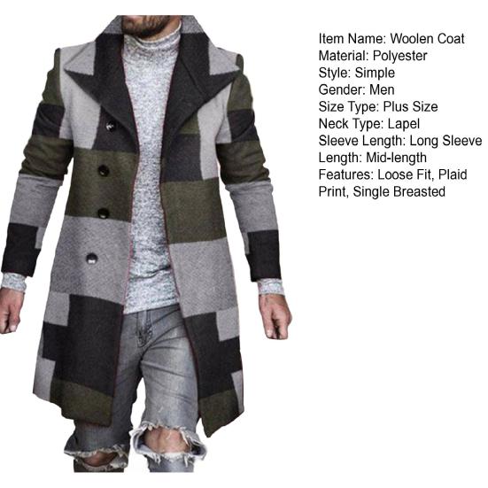 Мужское шерстяное пальто с лацканами, длинным рукавом, клетчатым принтом, однобортное, верхняя одежда, средней длины