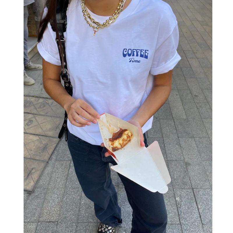 Coffee Time American Vintage Sports Style Coffee Illustration Print Ins Pure Cotton Short Sleeve T-shirt Women