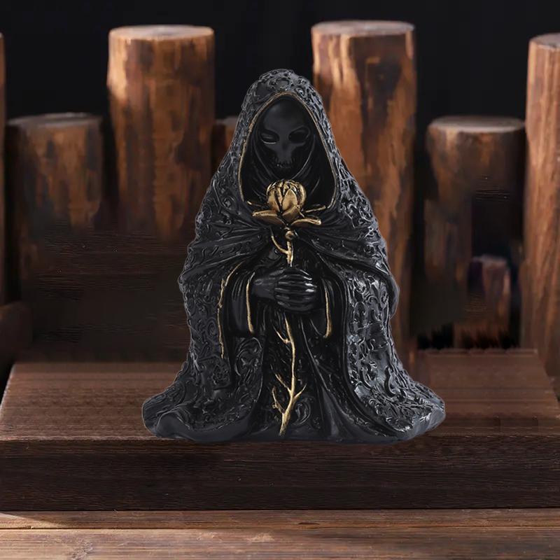 Gothic Black Robe Hooded Figure Resin Sculpture Mystical Wizard Statue Halloween Ornament Desk Decor For Home Or Office