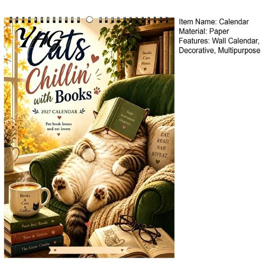 Important Date Tracker Cats Chillin' with Book 2027 Calendar, 12 Month Monthly Planner, Thick Paper Planner Daily Planning Wall Calendar for