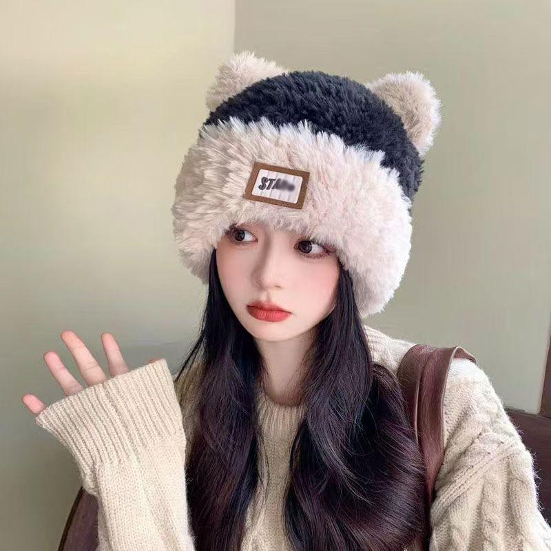 Hat Female Autumn and Winter Warm Knitted Wool Snow Hat Cycling Mother Fashion Ear Protection Headgear Scarf Integrated Hat