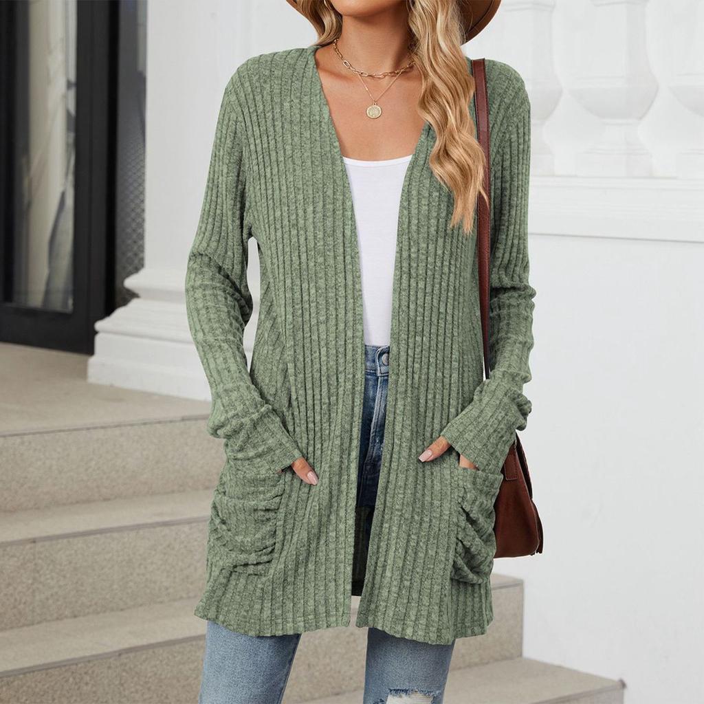 Женская модная повседневная однотонная куртка-кардиган с карманами и длинными рукавами