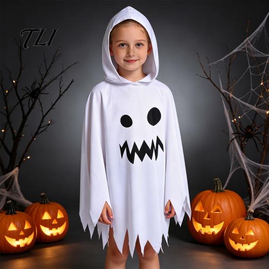 Black And White Ghost Cloak Halloween with Hood, Loose Fit Irregular Hem Costume Party Attire for Cosplay Party, Spooky Pullover Cape Kids Adults