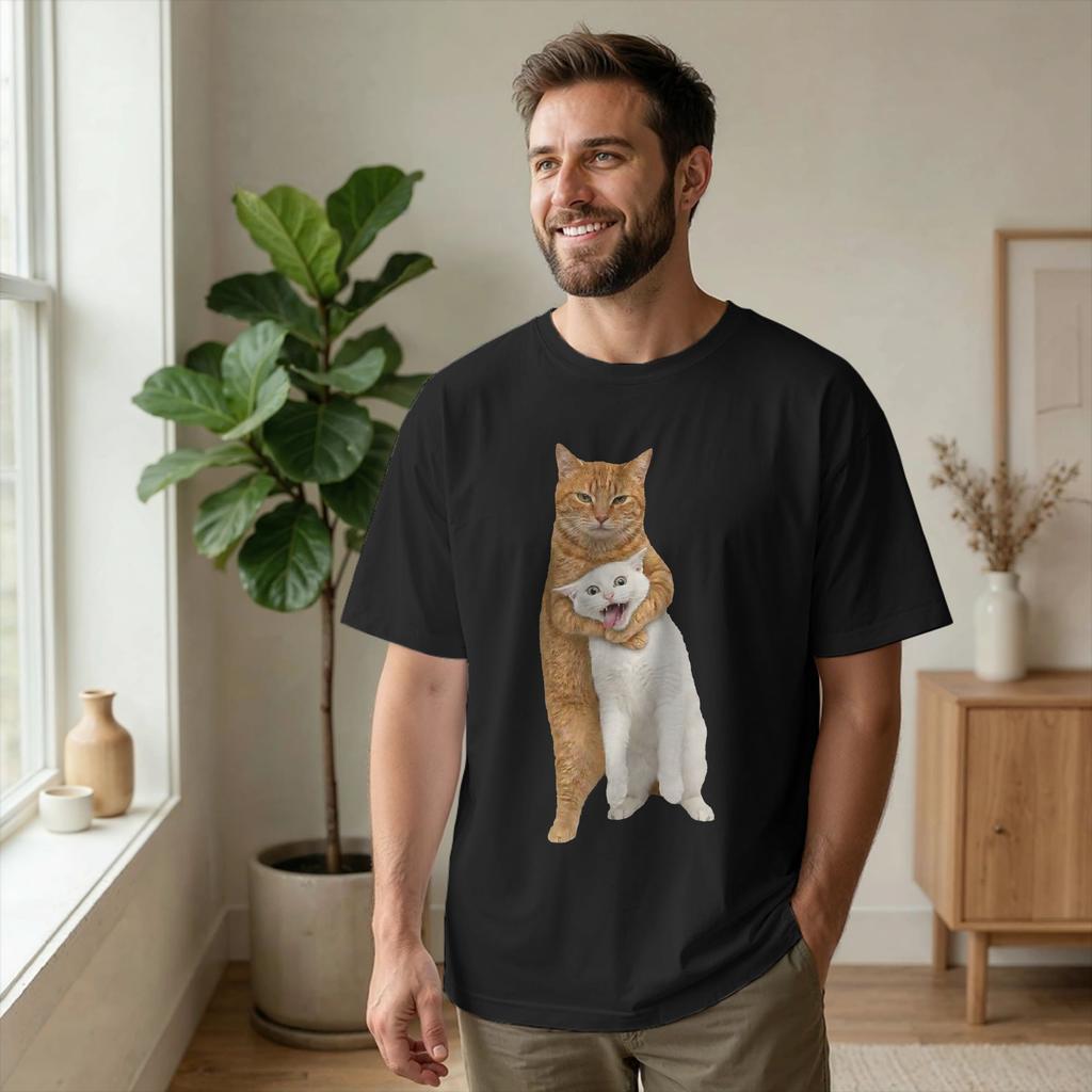 Orange Cat Tight Embrace Funny T Shirt Men 100% Cotton Leisure T-Shirt Round Neck Choking Meme