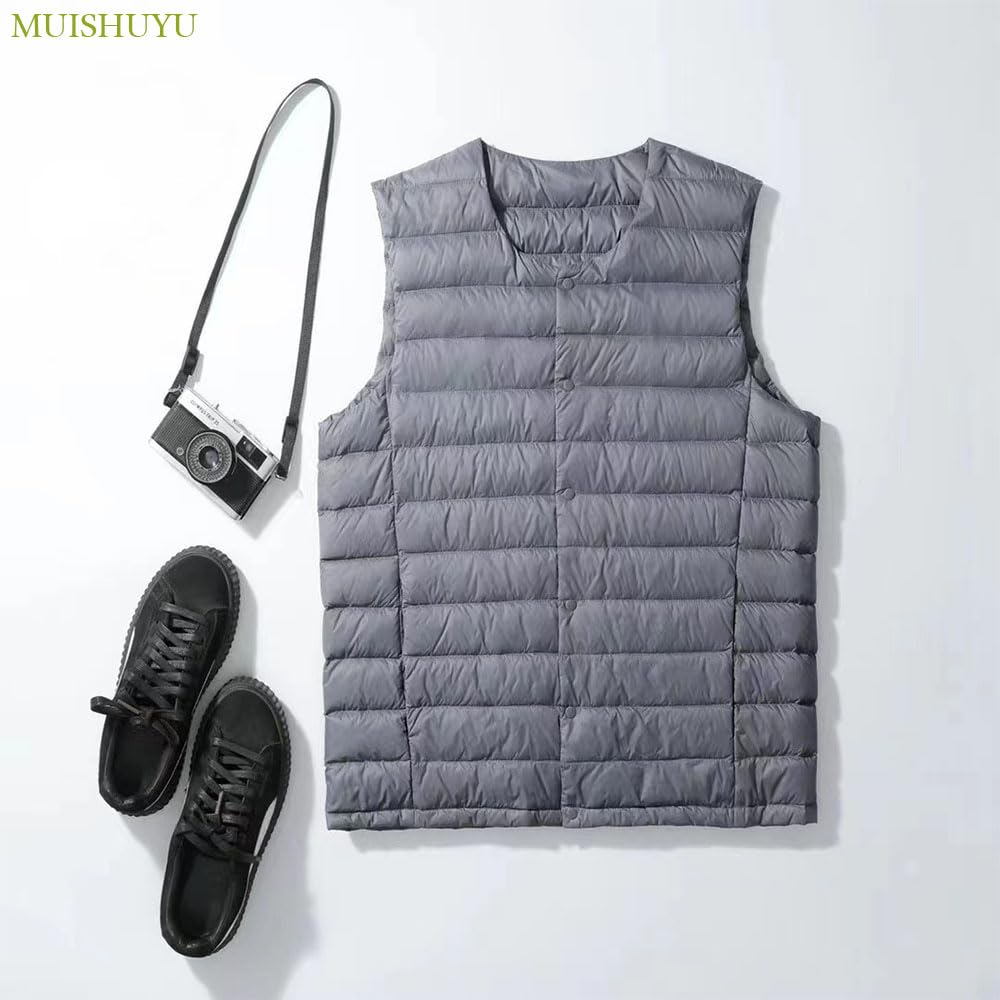 MUISHUYU Ultra-Light Inner Down Vest, 2-Way Neck, Men’s (M / Gray)