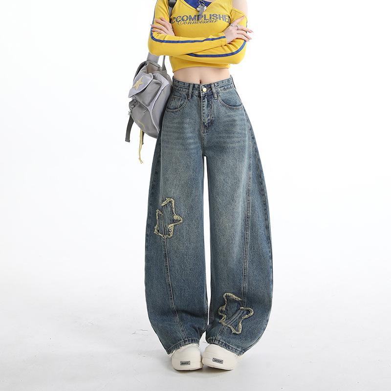 Star ripped rough edge design classic loose and thin trendy jeans women's new American scimitar pants