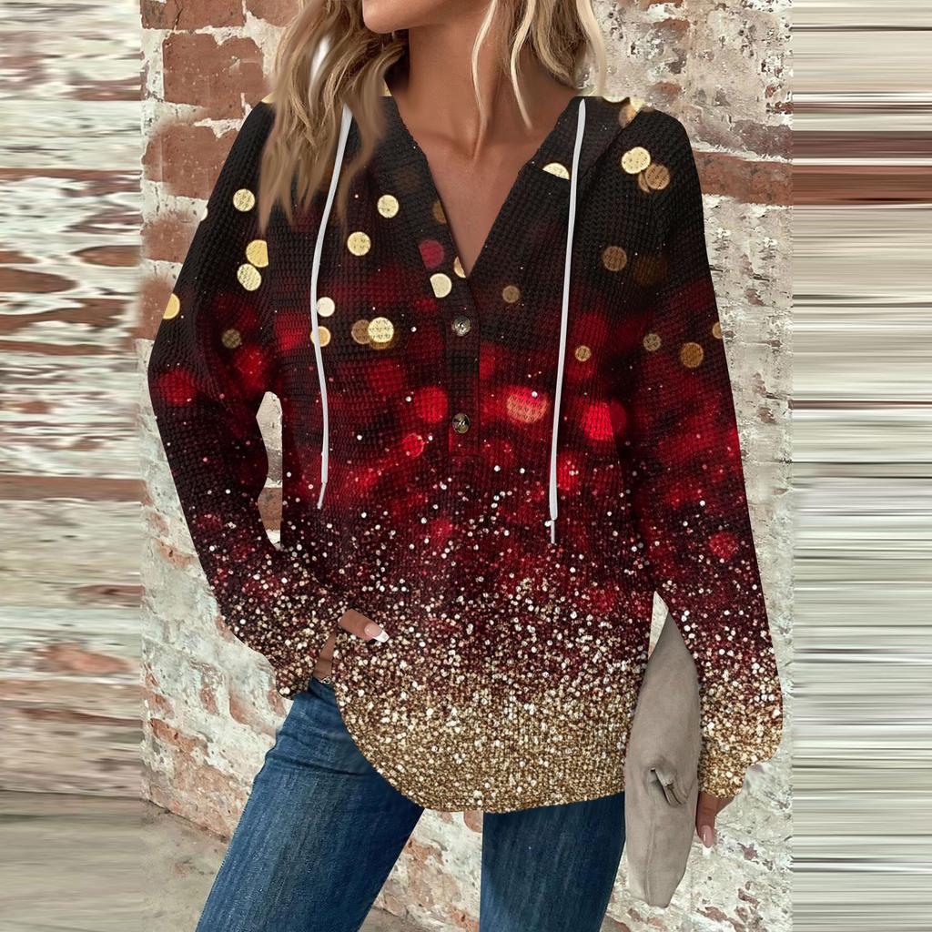 Женская мода с длинным рукавом, завязками на шнурке, капюшоном, пуговицами, V-образным вырезом, повседневная толстовка с капюшоном и рождественским принтом