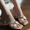 Fashion Square Head Bow High Heels Women's Rhinestone Stilettos One-strap Half Slippers for Outdoor Wear Without Tiring Feet 2025 Summer