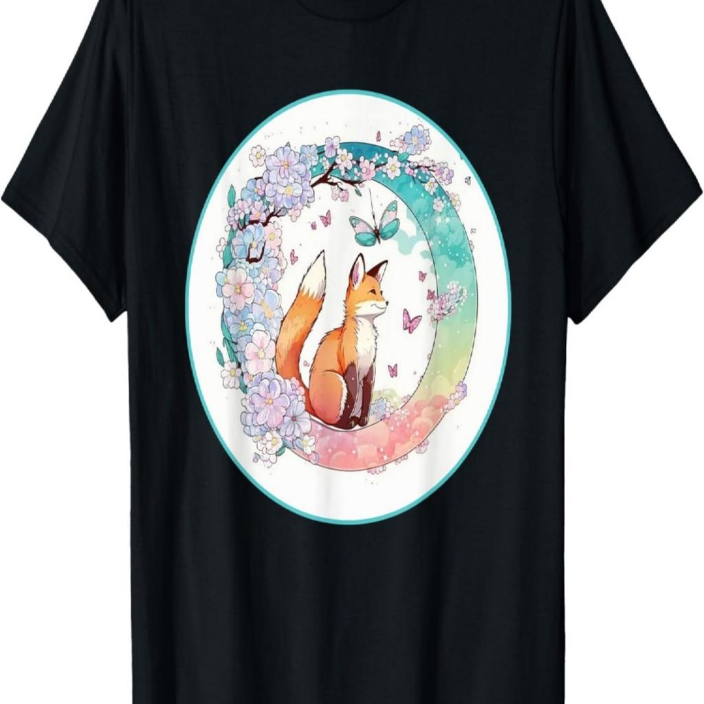 Fox Butterfly Cherry Blossom Flowers T-Shirt