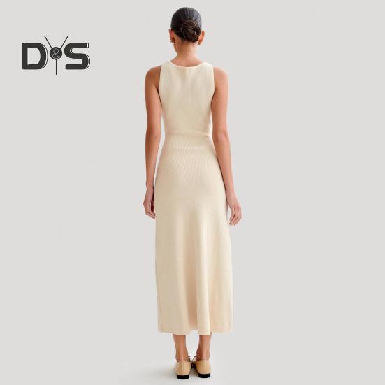 Летнее женское платье трикотажное платье-футляр Slim Fit сплошной цвет с круглым вырезом эластичное однобортное платье без рукавов на пуговицах длиной до середины икры