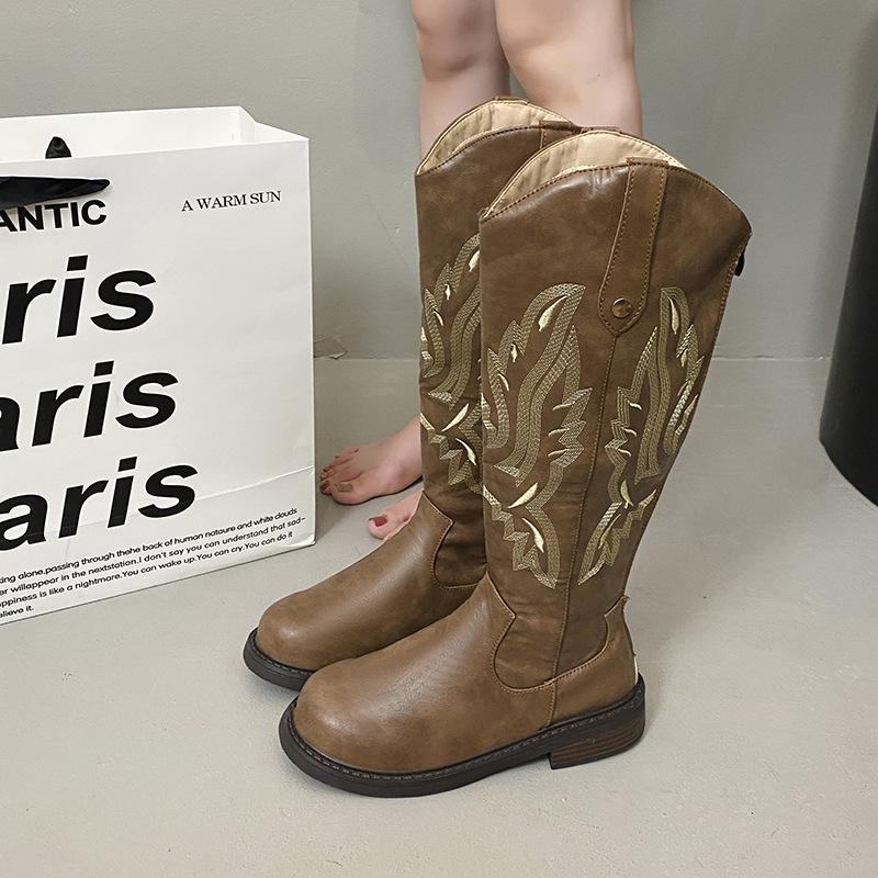 Коричневые ковбойские сапоги в западном стиле, женские высокие сапоги 2025, новая весенне-летняя коллекция, высокие сапоги-рыцари для путешествий, ботфорты до колена