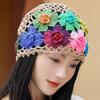 Women Hat Manual Colorful Hollow Out Knitted Flower Crochet Elastic Soft Breathable Lightweight Sunshade Soft Travel Outdoor Cap Brimless Beanie
