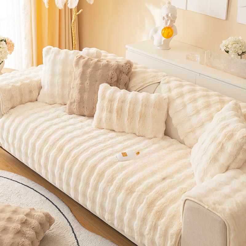 Rabbit Plush Sofa Cushion Winter Non-Slip Light Luxury Cushion Leather Sofa Cover Plus Velvet Cover Towel