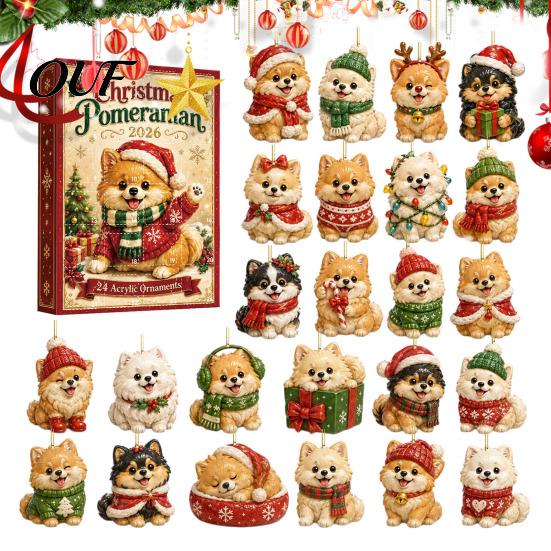 Corgi Gardening Ornament Cute Puppies Advent Calendar, 24 Days Christmas Countdown Calendar with 2D Tree Pendant Flat Acrylic Dog Pendants for Hanging
