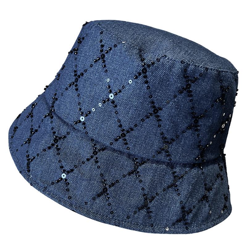 Premium stylish genuine glossy plaid dark denim navy blue fisherman's hat children's spring and summer sun protection sunshade basin hat