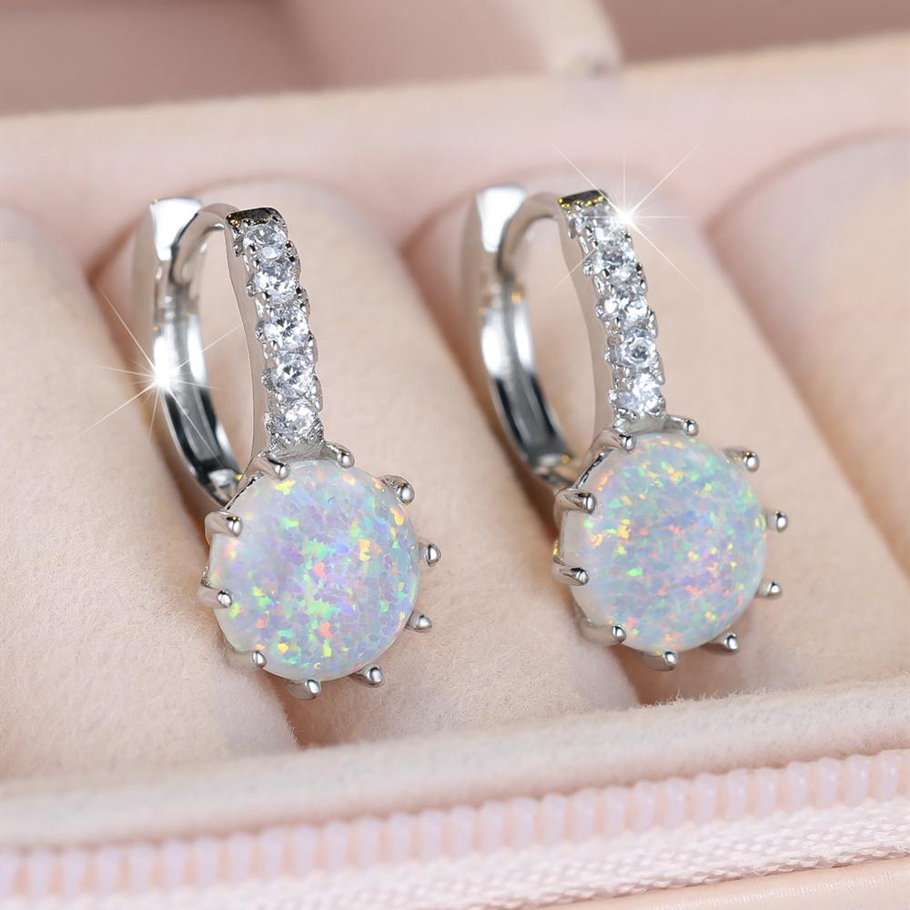Elegant Female Round Fire Opal Silver Color Hoop Earrings Wedding Jewelry
