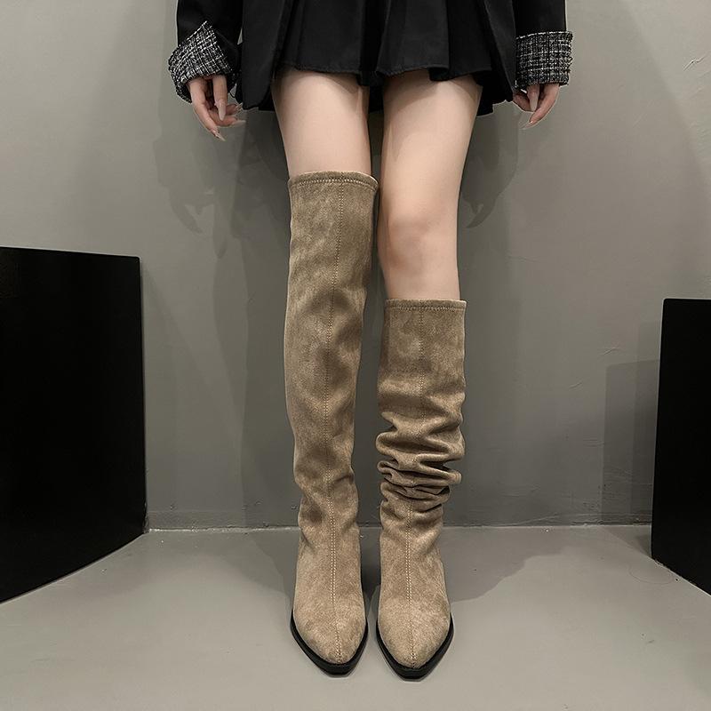 Stretch Soft Leather Women Over the Knee High Boots Pointed Toe Shoes Autumn Winter Thick Heel Ladies Long Booties