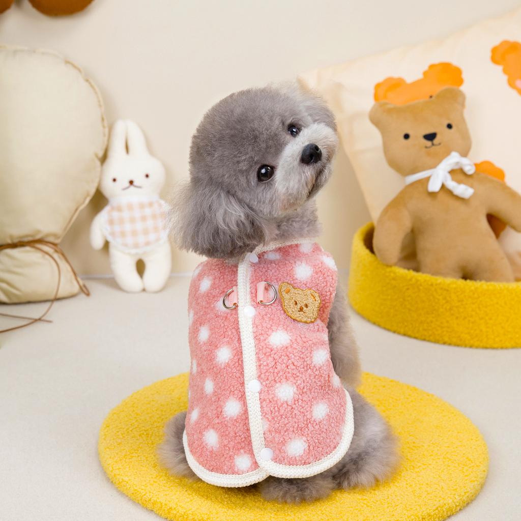 Pet Polka Dot Plush Coat Cute Little Bear Dog Clothes Cat Small Dog Open Button Comfortable Teddy Bear Edge Velvet Vest