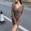 Women's Dress Long Sleeve V-neck Slim Sexy Black Drawstring Dress Solid Color