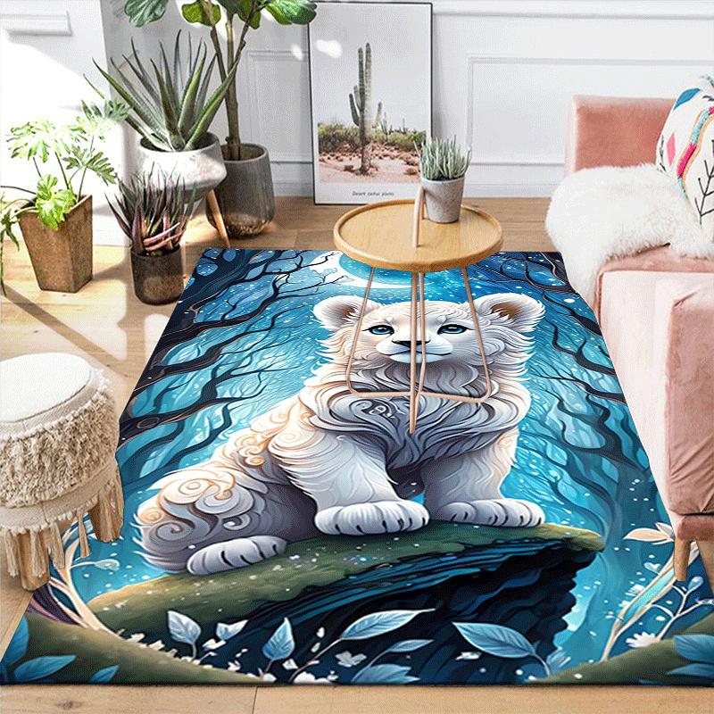 1pc White tiger under the moon Print Design Area Rug - Soft, Anti-Slip, and Durable Gaming Room Decor for Bedroom