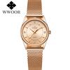 WWOOR Casual Women Dress Rose Gold Mesh Belt Fashion Diamonds Wristwatch Waterproof Simple Female Quartz Watch Reloj Mujer