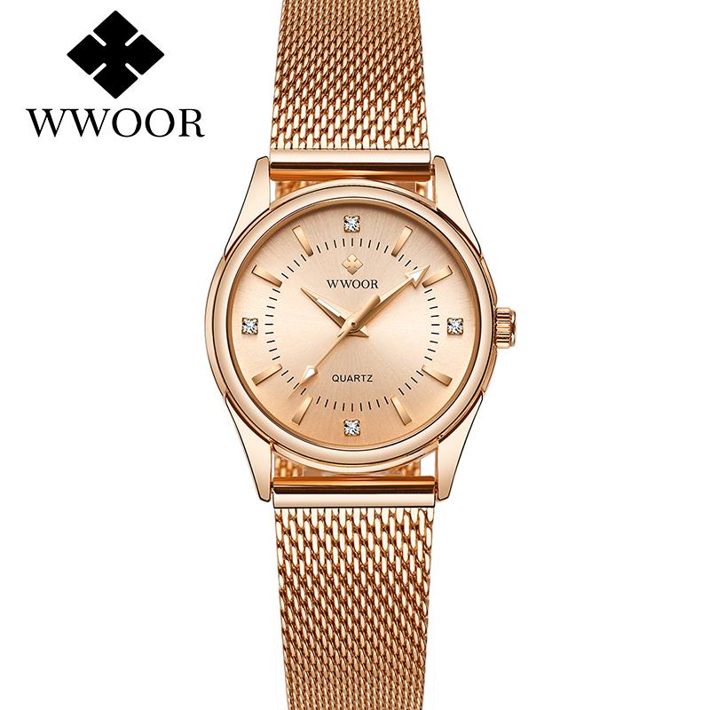 WWOOR Casual Women Dress Rose Gold Mesh Belt Fashion Diamonds Wristwatch Waterproof Simple Female Quartz Watch Reloj Mujer