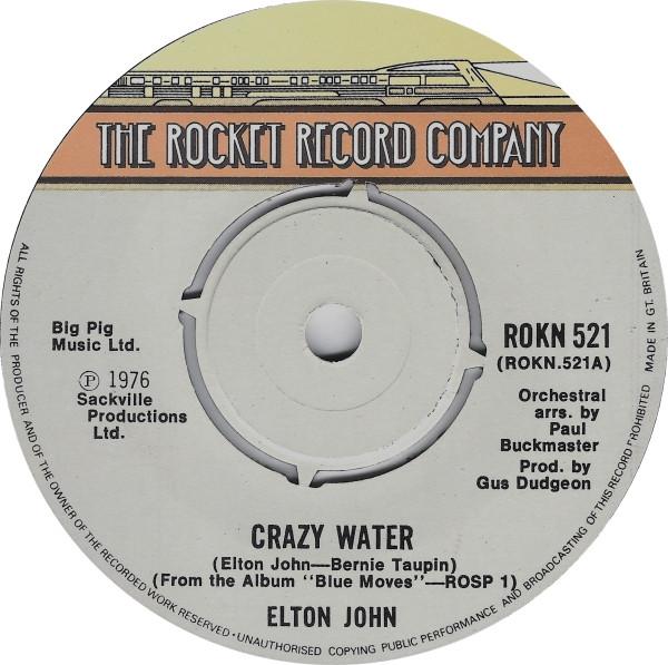 7-дюймовая пластинка ELTON JOHN - Crazy Water ROKN521 The Rocket Reco 1976 UK Рок Б/У