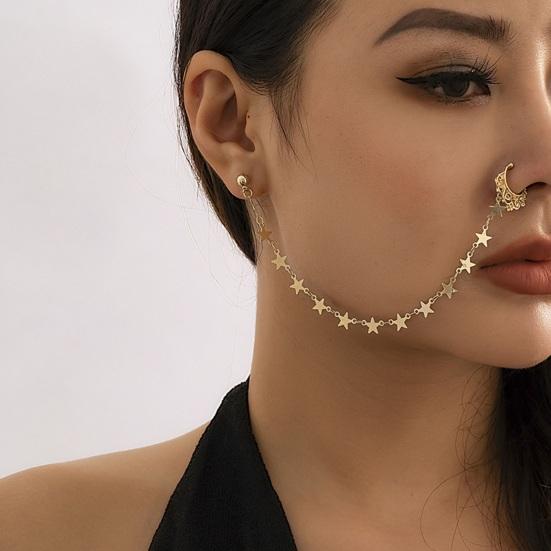Ethnic Style Star Chain Faux Nose Pearl Tassel Leaf Jewelry Piercing Stud Earrings Nose Ring