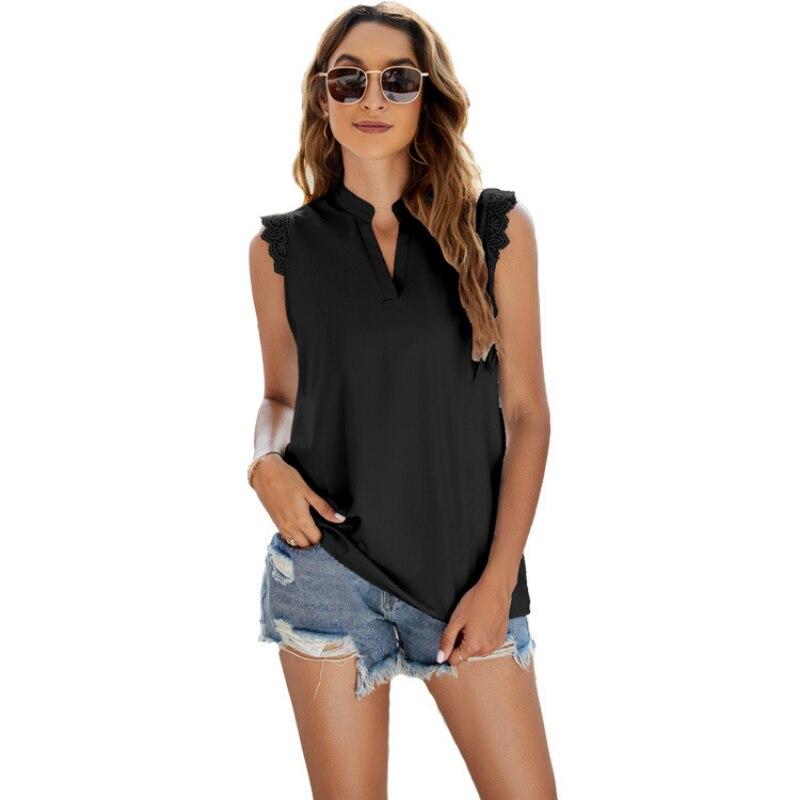 2023 Летние рубашки с V-образным вырезом без рукавов, модные однотонные повседневные майки, свободные жилеты, базовые топы, пуловеры, блузы, элегантные 25910